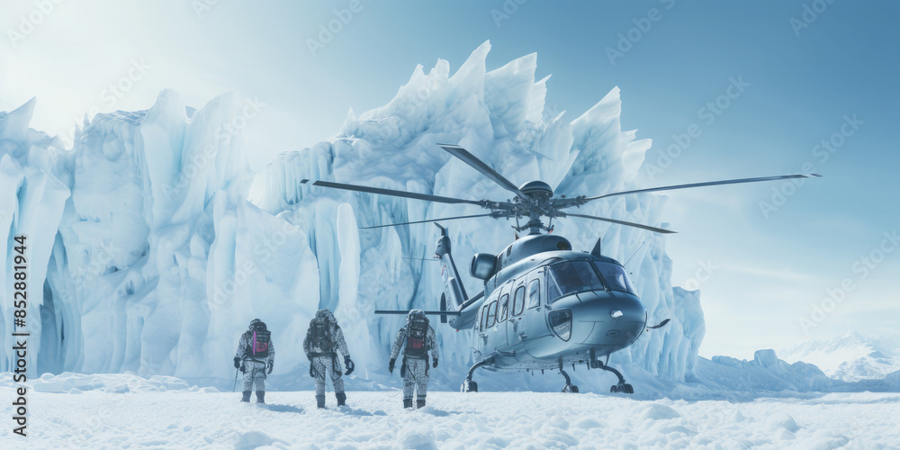 Heli-skiing. People are about to board a helicopter for extreme skiing Heli-skiing. People are about to board a helicopter for extreme skiing