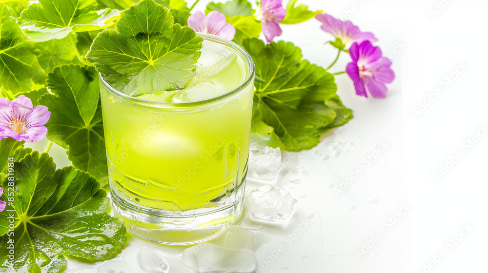 Refreshing Drink with Lemon Slice and Geranium Leaf on Rustic Background Stock Photo Refreshing Drink with Lemon Slice and Geranium Leaf on Rustic Background Stock Photo