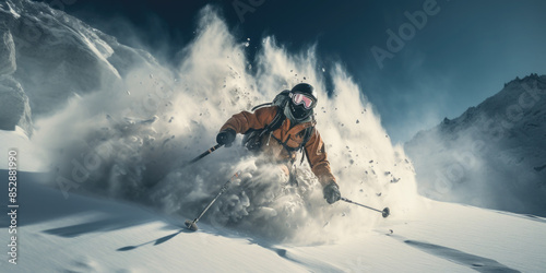 A skier conquers the breathtaking snowy mountain slopes of peaks. Heli sking photo