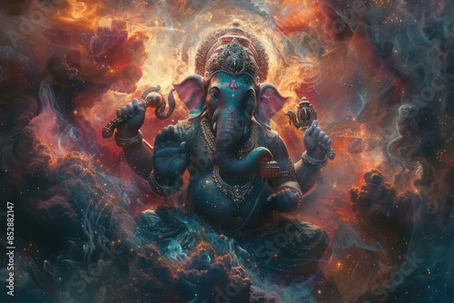 Lord Ganesha seated in an elaborate throne room, depicted with elegance. intricate portrayal of the Hindu deity, divine and majestic presence in traditional Indian cultural art Generative ai