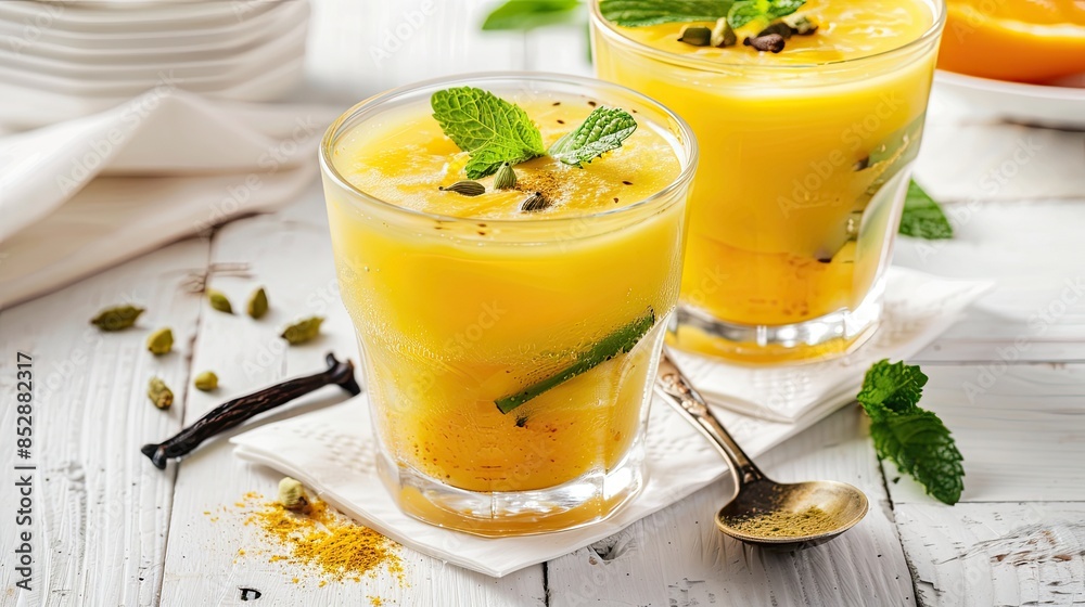 yellow cardamom milk on a white wooden background, featuring two glasses filled with the drink and garnished with mint leaves near a cut spoon. yellow cardamom milk on a white wooden background, featuring two glasses filled with the drink and garnished with mint leaves near a cut spoon.