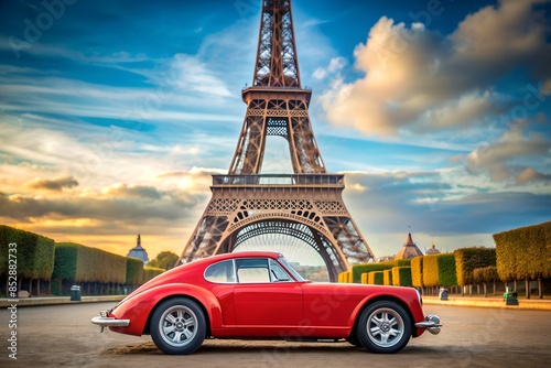 Classic Red Car in Front of the Eiffel Tower at Sunset Scenic View