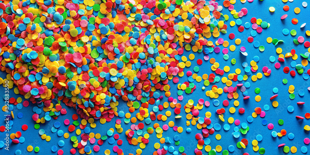 Top view of colorful confetti scattered on blue background Top view of colorful confetti scattered on blue background