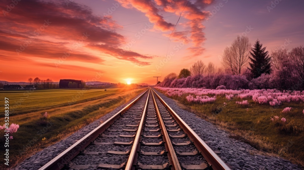 beautiful view of the railway line stretching into the distance towards the sunset beautiful view of the railway line stretching into the distance towards the sunset