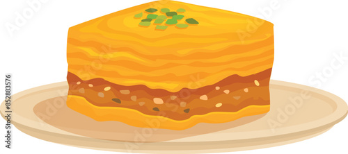 Appetizing baklava piece lying on plate, oriental sweets with nutty stuffing