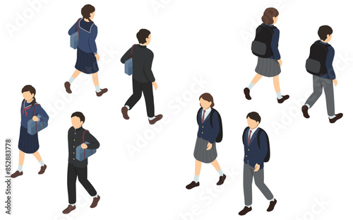アイソメトリックイラスト：歩く学生