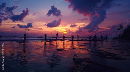 The sun sets on the beach with a variety of colors in the sky, from purple to orange. There were silhouettes of several people who seemed to be standing on the water