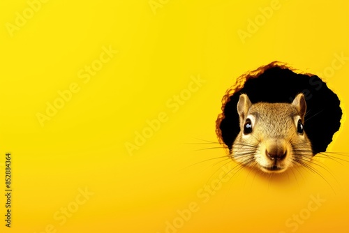 A small squirrel peeks out of a hole in a yellow background. Concept of curiosity and playfulness, as the squirrel seems to be exploring its surroundings. The bright yellow background adds a cheerful