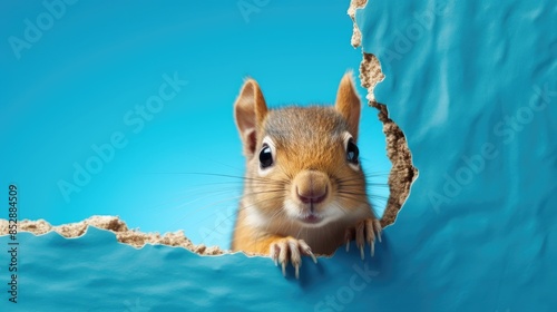 A squirrel peeking out from behind a hole in a wall. The image has a playful and curious mood, as the squirrel is looking out into the unknown