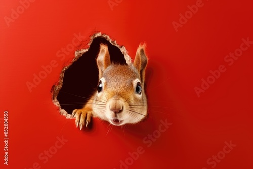 A squirrel peeking out of a hole in a red wall. The image has a playful and curious mood, as the squirrel is looking out of the hole and seems to be interested in what is on the other side
