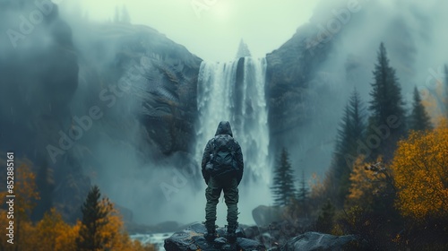 Hombre mirando a una cascada mientras llueve