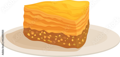 Sweet dessert baklava piece with pistachio nut filling lying on plate