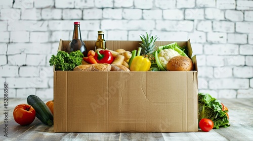 a cardboard box filled with food and spiritual supplies, featuring bread loaves, vegetables, and cans, set against a clean white background.