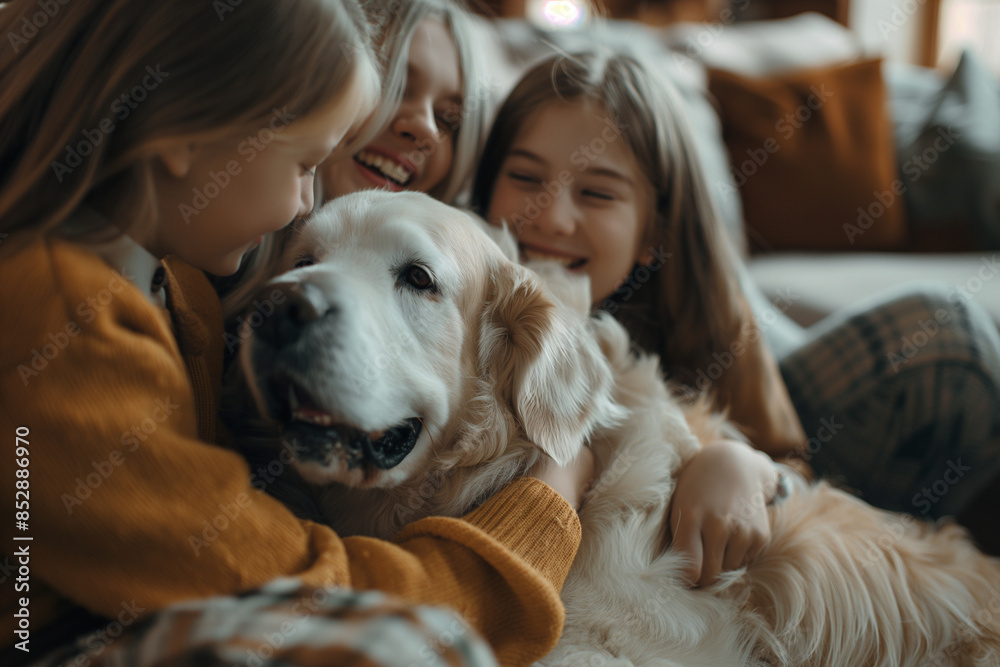 Happy Children Hugging Golden Retriever Indoors, Smiling Together Happy Children Hugging Golden Retriever Indoors, Smiling Together