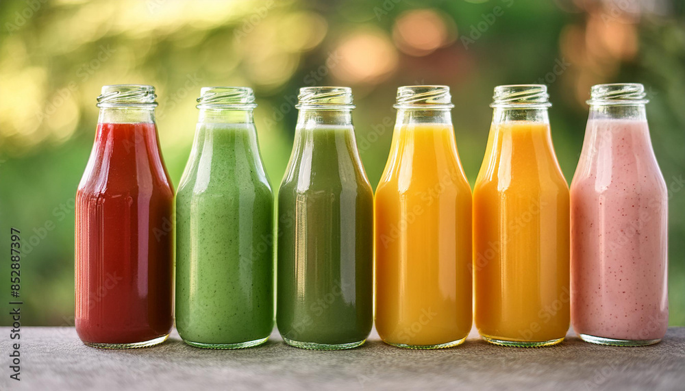Glass bottles filled with green, yellow, orange and red smoothies. Delicious detox drink. Tasty juice. Glass bottles filled with green, yellow, orange and red smoothies. Delicious detox drink. Tasty juice.