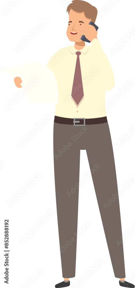 Businessman is standing, holding a document in one hand and talking on the phone Businessman is standing, holding a document in one hand and talking on the phone