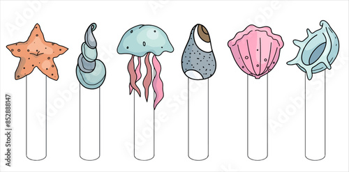Colored vector bookmarks for school and hobbies with marine and summer accessories.