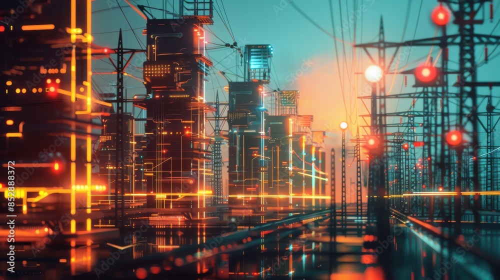 Fototapeta premium Grid storage system in a modern city, sustainable infrastructure theme, side view, illustrating energy storage and distribution, advanced tone, complementary color scheme