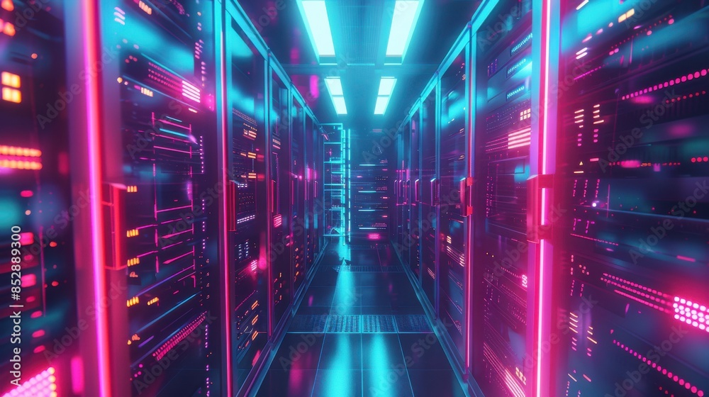 Server racks with efficient cooling systems, data center infrastructure theme, front view, showcasing optimized performance, cybernetic tone, splitcomplementary color scheme