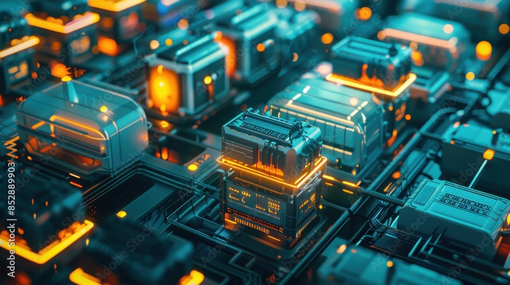 Energy storage units in a smart grid network, futuristic city theme, top view, showcasing integrated energy solutions, futuristic tone, vivid Energy storage units in a smart grid network, futuristic city theme, top view, showcasing integrated energy solutions, futuristic tone, vivid
