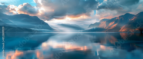 panoramic view of the ord sound in new zealand, with a blue sky and some clouds, dramatic clouds, huge mountains, water reflections, dramatic light during the golden hour, long exposure, hyper realist photo