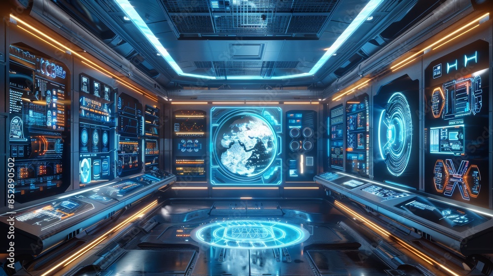 Futuristic Spaceship Interior with Holographic Displays Futuristic Spaceship Interior with Holographic Displays