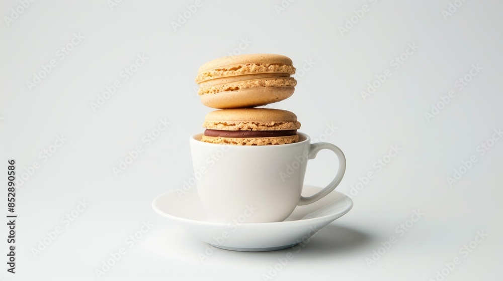 Macaron placed in a cup against a white backdrop Macaron placed in a cup against a white backdrop
