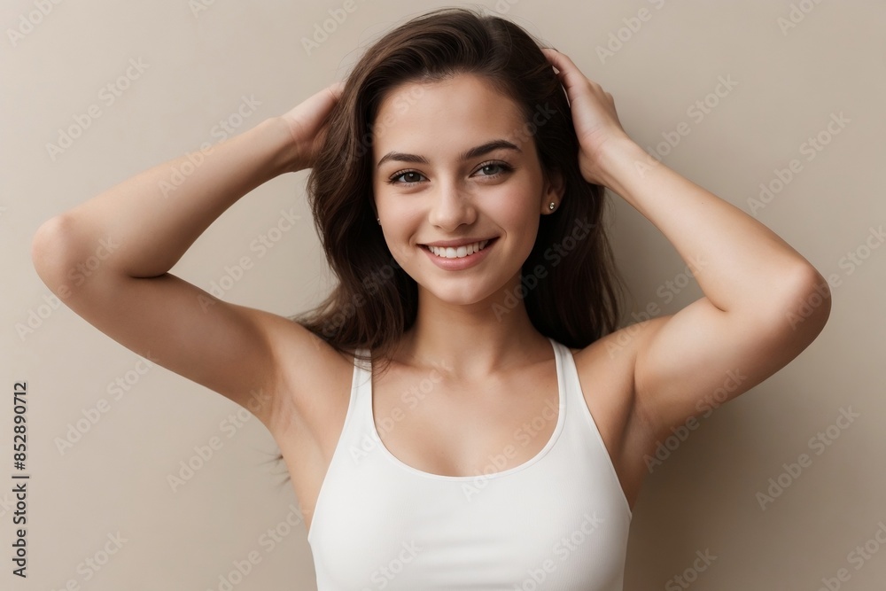 Young European woman with bright skin wearing a white tank top showing her armpit on a beige background with copy space. Young European woman with bright skin wearing a white tank top showing her armpit on a beige background with copy space.