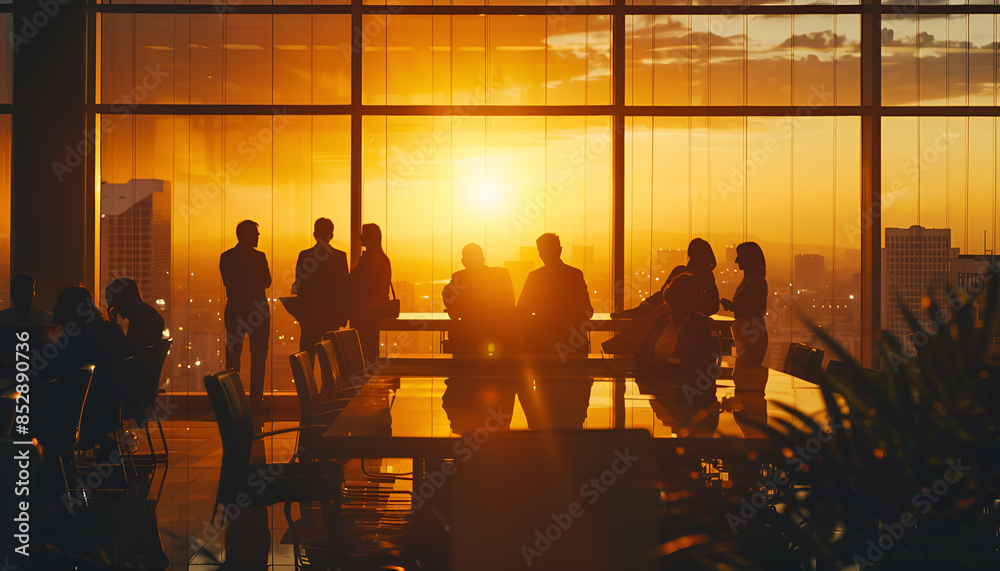 Silhouettes of a Diverse Business Team in a Modern Office with a Stunning City View at Sunset Silhouettes of a Diverse Business Team in a Modern Office with a Stunning City View at Sunset