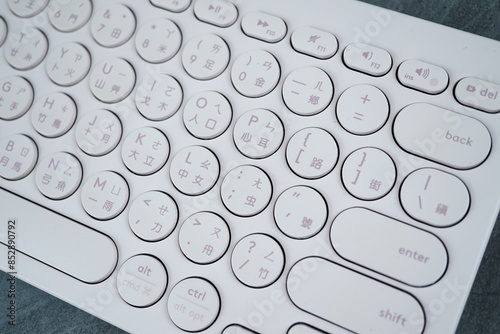 Pink wireless keyboard isolated on gray background 