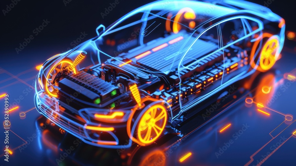 Electric vehicle battery pack with cooling system, automotive technology theme, side view, highlighting thermal management, digital tone, vivid Electric vehicle battery pack with cooling system, automotive technology theme, side view, highlighting thermal management, digital tone, vivid