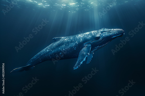 Humpback whale underwater in Caribbean. Blue whale in ocean depths, serene light rays highlight its majesty. © Varun