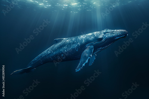 Humpback whale underwater in Caribbean. Blue whale in ocean depths, serene light rays highlight its majesty.