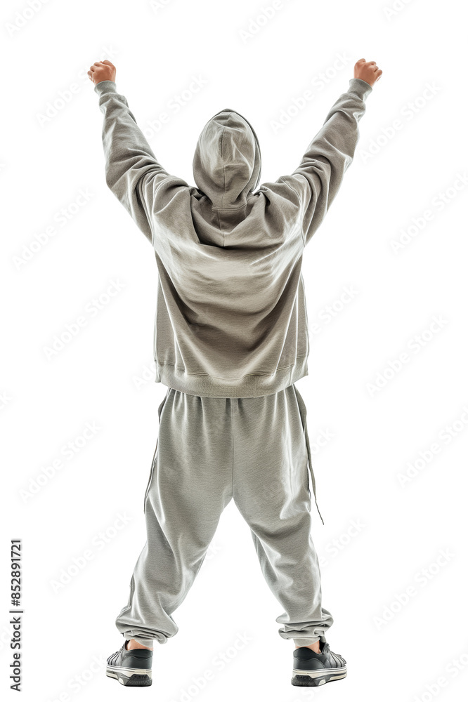Person in a gray hoodie and sweatpants posing with arms raised, isolated on white background, concept of success or freedom. Generative AI Person in a gray hoodie and sweatpants posing with arms raised, isolated on white background, concept of success or freedom. Generative AI