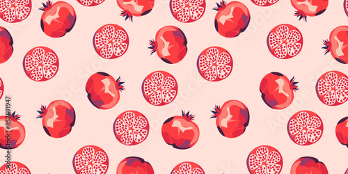Seamless pattern with pomegranate fruits and seeds illustration. Design for cosmetics, spa, pomegranate juice, health care products, perfume, paper, cover, fabric, interior decor. Trendy background.