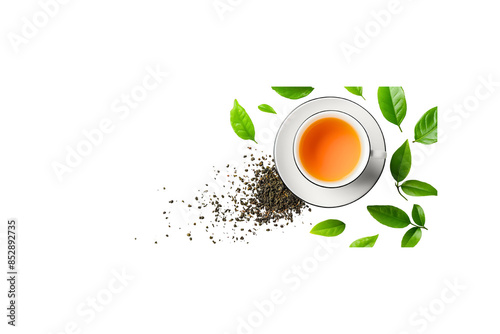 Top view a white cup with a green leaf. The cup is filled with tea and has some leaves on the side.finely ground dried tea leaves. Copy space. On transparent background. Generative ai illustration. photo