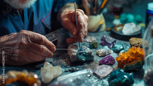 Gemologist examining a precious stone with a loupe and other gemological tools