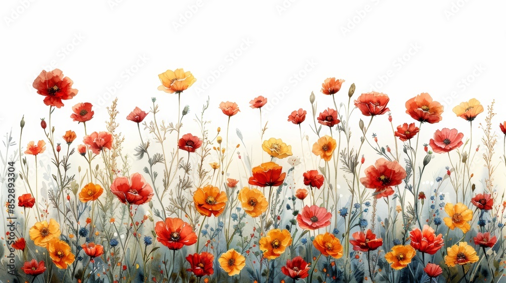 Obraz premium A vibrant field of red and yellow wildflowers, painted in watercolor, blooms against a white background.