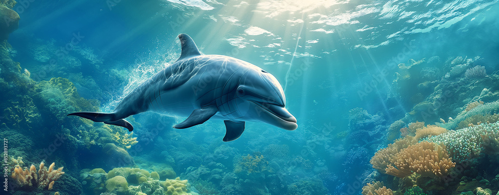 Fototapeta premium A dolphin swimming in the ocean. Underwater photography, high definition, ultra realistic in the style of unknown artist