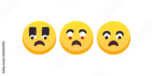 Three different facial expressions with yellow emoticons can be seen on a transparent background.Each face shows a unique feeling: sadness, shock and dismay, indicating a range of negative emotions.AI