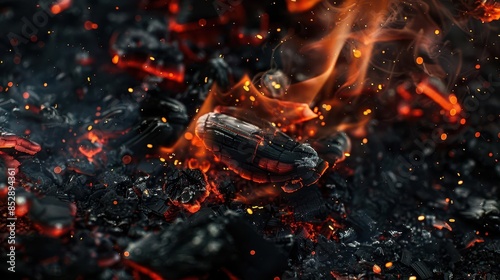 glowing embers and floating ashes on black background fireplace concept photo