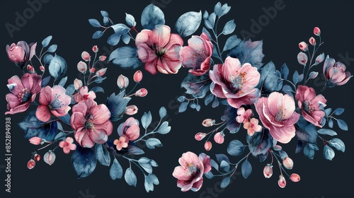 Wallpaper Mural Watercolor floral illustration with pink and blue flowers and leaves on a dark background. Torontodigital.ca