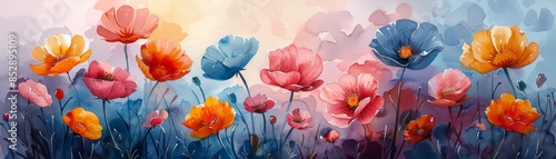 Watercolor painting of colorful flowers in a field.