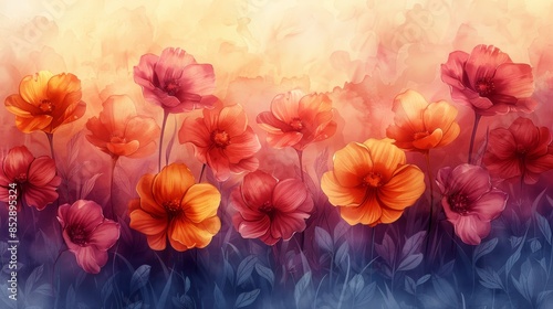 Watercolor painting of red and orange poppy flowers in a field with a soft, blurred background. © ชลธิชา สว่างวงค์