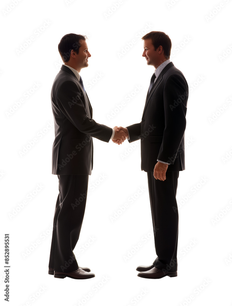 Two men in suits shaking hands isolated on a white background, depicting a professional agreement or greeting. Generative AI Two men in suits shaking hands isolated on a white background, depicting a professional agreement or greeting. Generative AI