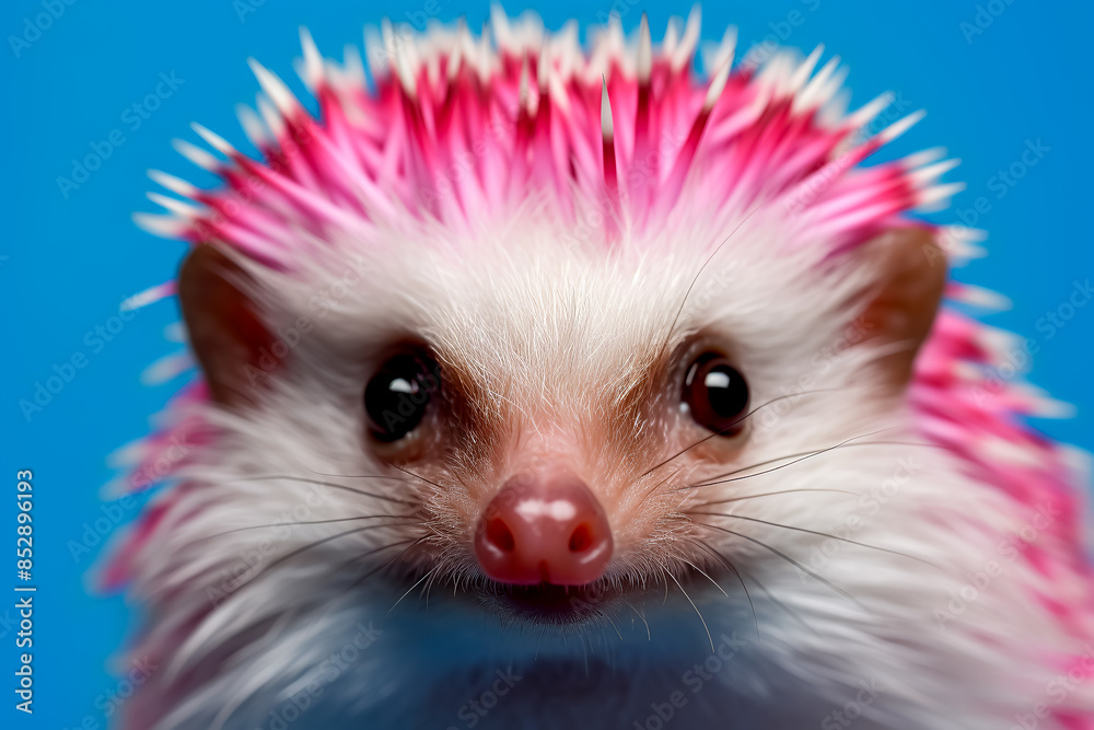 Fototapeta premium A hedgehog is wearing a colorful shirt and looking at the camera.