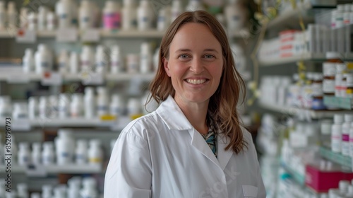 Friendly Female Pharmacist in White Lab Coat Smiling Confidently Against Minimalistic White Background, Highlighting Professionalism and Trust in Pharmaceutical Care