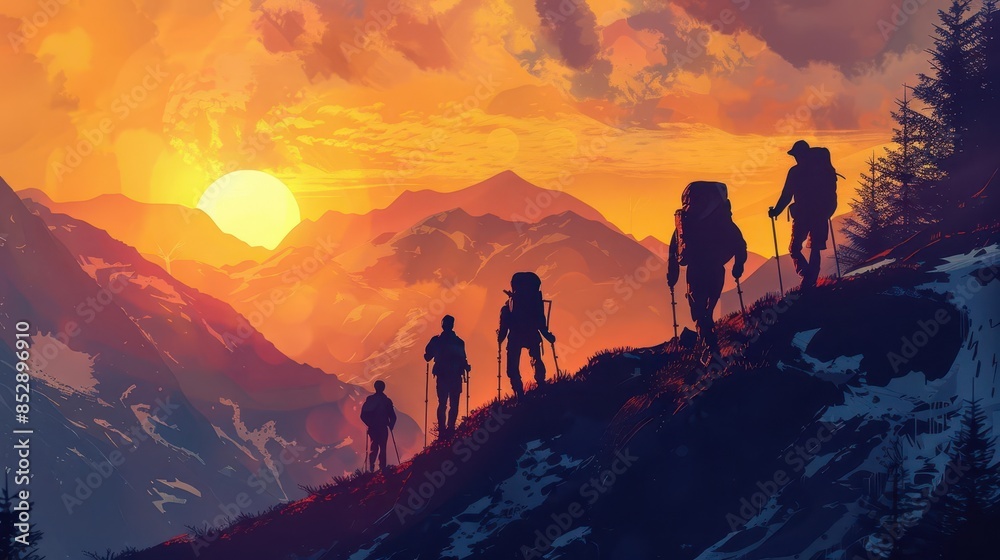 group of hikers trekking on mountain trail at sunset active summer adventure travel digital illustration group of hikers trekking on mountain trail at sunset active summer adventure travel digital illustration