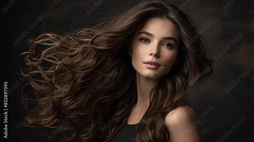 A young woman with long, wavy dark brown hair is depicted with her hair flowing freely in the wind. She has a gentle and confident expression on her face. A young woman with long, wavy dark brown hair is depicted with her hair flowing freely in the wind. She has a gentle and confident expression on her face.
