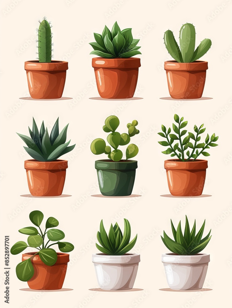 Fototapeta premium A collection of various potted succulent plants arranged in a grid on a light background. Ideal for home decor and gardening themes.
